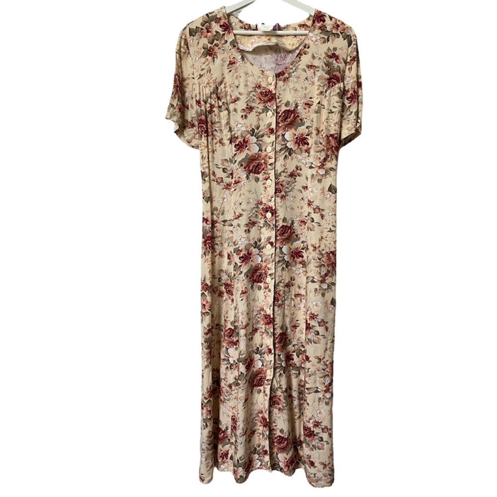 Vintage Her Yellow Rose Floral Button Front Rayon Midi Maxi Dress